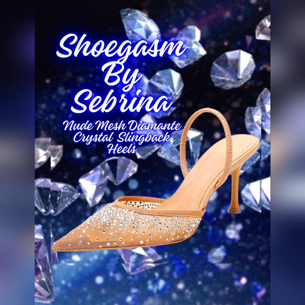 Elegant Crystal Diamante Embellished Nude Mesh Slingback Heels